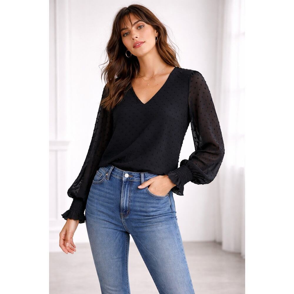 Vince Camuto Black Swiss Dot Sheer Blouse Smocked Cuff Long Sleeve Women Size S